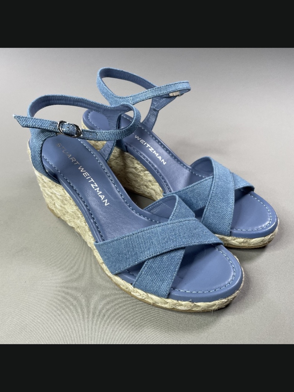 NEW Stuart Weitzman Shoes Womens 7 blue Dayna chambray jute wedge heels sandals